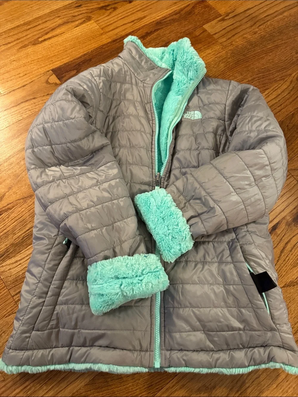 The North Face Gray Puffer Jacket with Mint Sherpa Lining